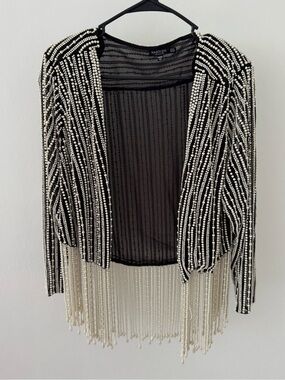 Nasty Gal Black & Ivory Beaded Fringe Cardigan